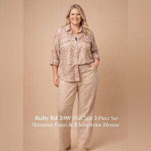 Ruby Rd Woman 2-Piece Set Beige Shimmer Pants & Blouse Set Embellished Size 20W